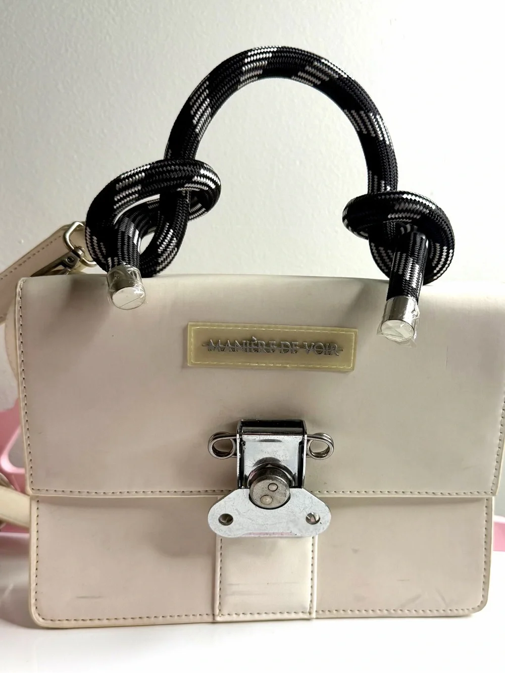 Maniere De Voir Cream Crossbody Satchel with Black Rope Top Handle
